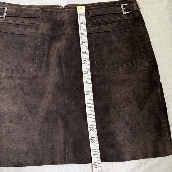 June Genuine Leather Suede Brown Lined Buckle Pockets Mini  Skirt  Size 4 - Picture 4 of 7